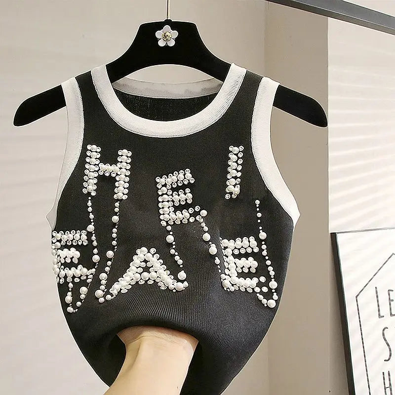 Summer Knitted Pearl Tank Top