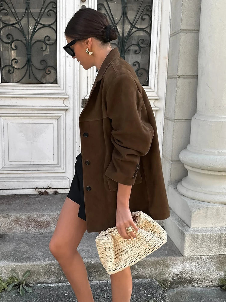 Vintage Loose Suede Jacket Women’s Faux Leather Oversize Brown