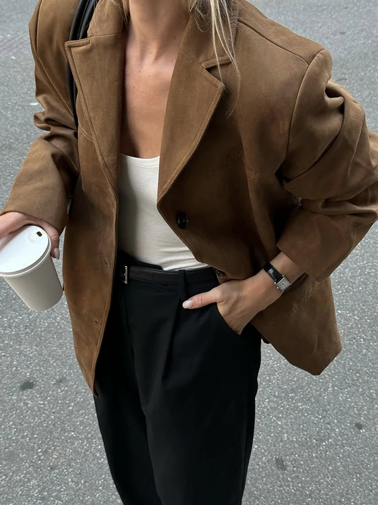 Vintage Loose Suede Jacket Women’s Faux Leather Oversize Brown
