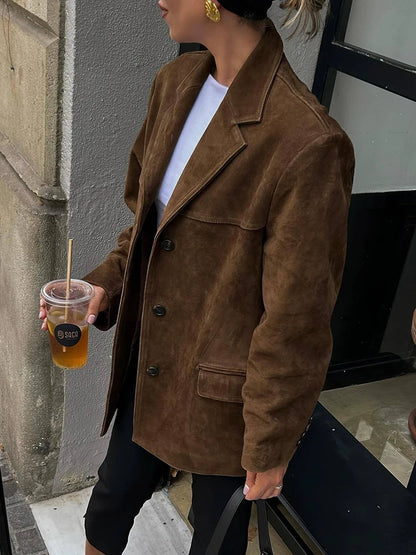 Vintage Loose Suede Jacket Women’s Faux Leather Oversize Brown