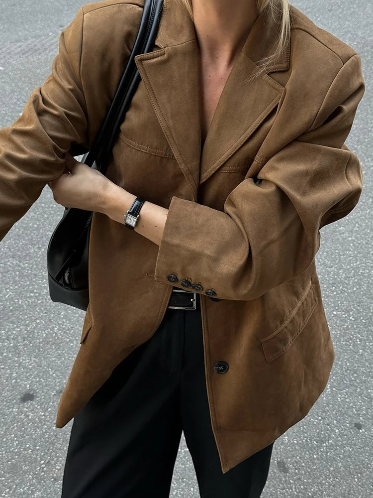 Vintage Loose Suede Jacket Women’s Faux Leather Oversize Brown