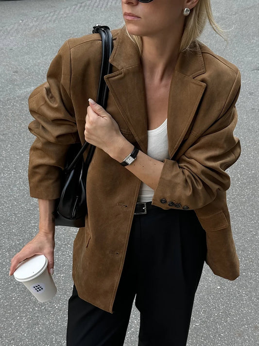 Vintage Loose Suede Jacket Women’s Faux Leather Oversize Brown