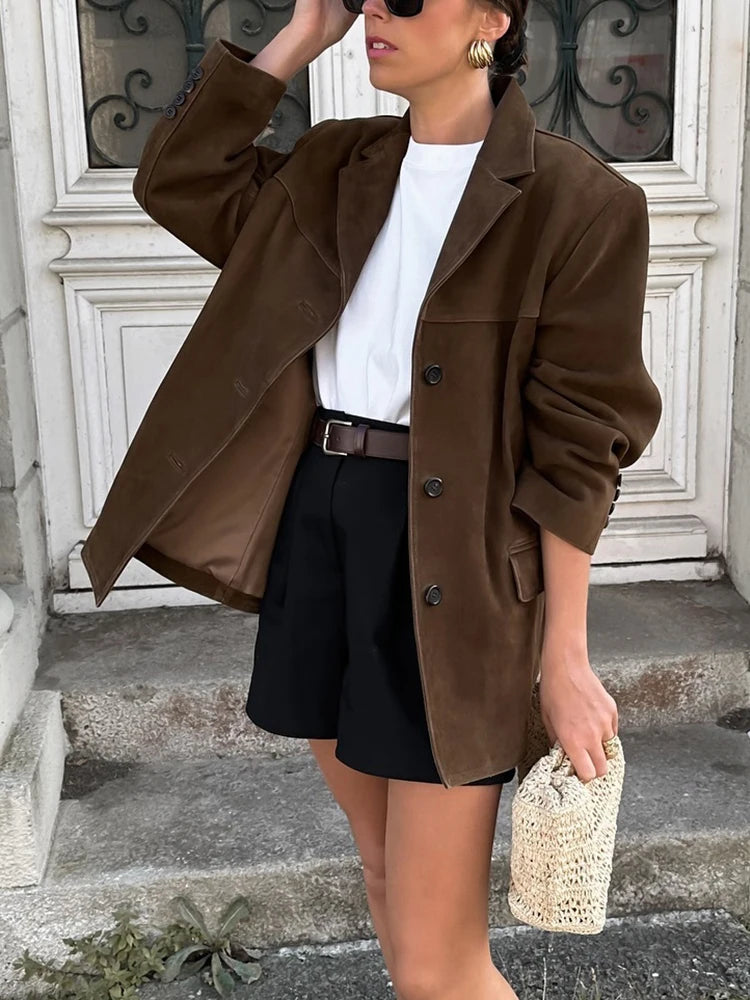 Vintage Loose Suede Jacket Women’s Faux Leather Oversize Brown