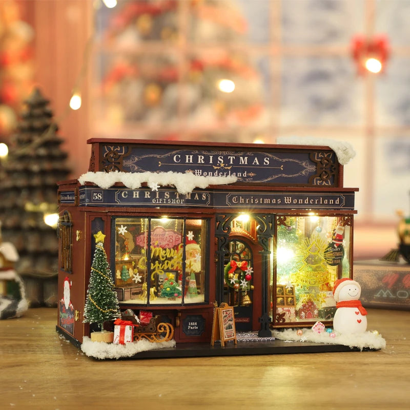 DIY Wooden Christmas Dollhouse Kit with LED Lights